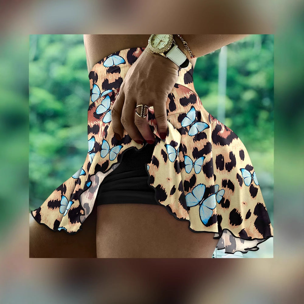Fashionable Women's Leopard Butterfly Print Waist Functional Tennis Skirt Culottes